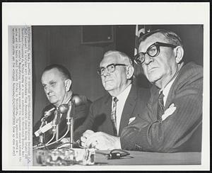 Tell of Contract Approval--United Steelworkers President, I.W. Abel (center) is pictured with Steelworkers Vice President Joseph Molony (right) and Secretary-Treasurer J. Walter Burke at a news conference in Pittsburgh Sunday. Abel announced the union's Wage-Policy Committee approved the agreement reached between the union and the basic steel industry Friday in Washington. The agreement averts a nationwide strike set for midnight Wednesday.