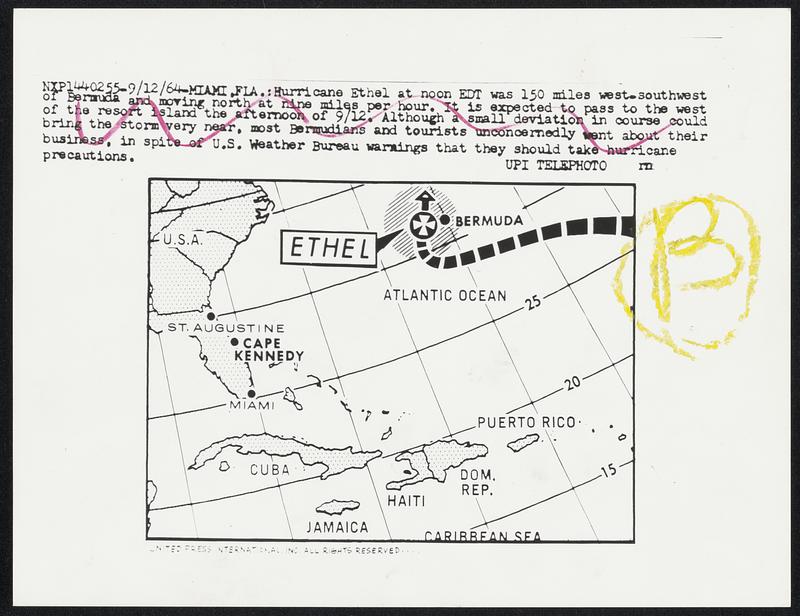 Hurricane Ether at noon EDT was 150 miles west-southwest of Bermuda and moving north at nine miles per hour. It is expected to pass to the west of the resort island the afternoon of 9/12. Although a small deviation in course could bring the storm very near, most Bermudians and tourists unconcernedly went about their business, in spite of U.S. Weather Bureau warnings that they should take hurricane precautions.