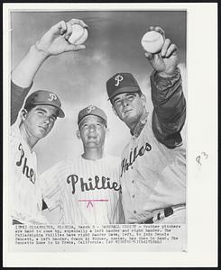 Baseball Oddity - Brother pitchers are hard to come by, especially a left hander and right hander. The Philadelphia Phillies have right hander Dave, left, to join Dennis Bennett, a left hander. Coach Al Widmar, center, has them in hand. The Bennetts home is in Yreka, California.
