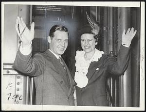 Mayor and Mrs. Tobin shown leaving the South Station yesterday, bound for the American Legion convention in Los Angeles, where the Mayor will head a drive to bring the 1940 convention to Boston.