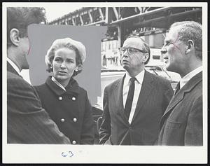 Former JFK Aides Richard Goodwin (left) and Arthur B. Schlesinger Jr., (second right) with Mayor and Mrs. White outside Cathedral of the Holy Cross before services for author Edwin O'Connor yesterday.