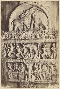 Close view of band of narrative sculpture on a column in the Virupaksha Temple, Pattadakal