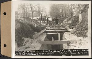 Contract No. 70, WPA Sewer Construction, Rutland, line "A", Main Street, looking ahead from Sta. 9+75 toward manhole 4A, Rutland Sewer, Rutland, Mass., Jan. 21, 1941