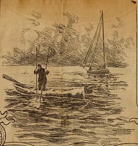 Sketch of sailboat and dinghy with fisherman
