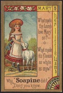 Mary & her little lamb. What made the lamb love Mary so? What made its fleece as white as snow? Why "Soapine did it" don't you know.