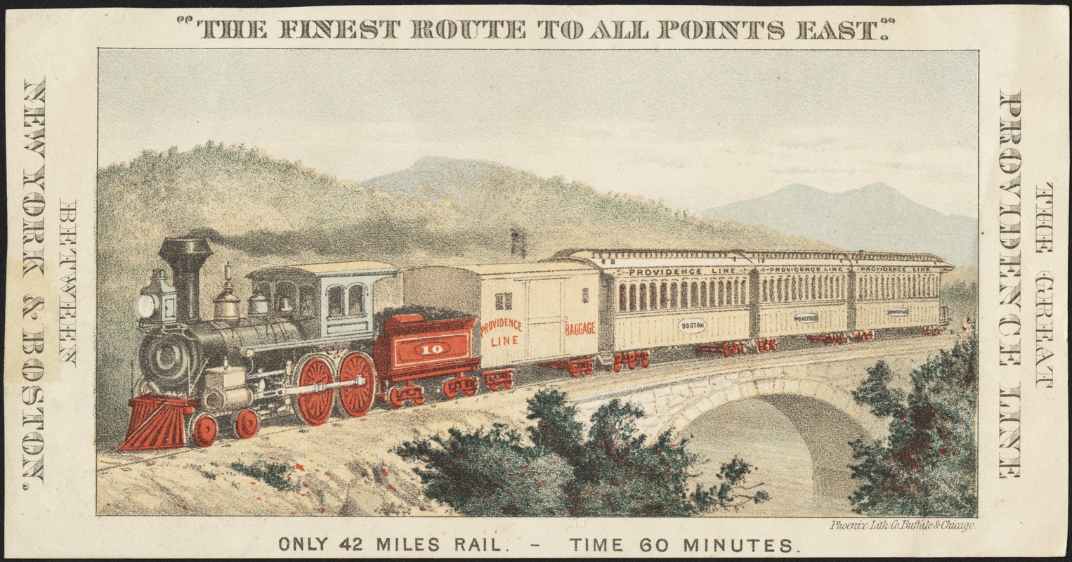 "The Finest Route to All Points East." The great Providence Line between New York & Boston. Only 42 miles rail. -- Time 60 minutes.