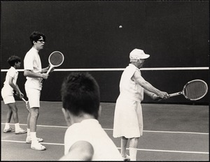 Hazel Hotchkiss Wightman, America's first lady of tennis, instructs youngsters at the Pine Manor Tennis Camp