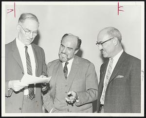 French neuro-physiologist Dr. Henri Gastant, center, discusses paper he will present at 19th annual convention of the Scientific Society of Biology Psychiatry. Looking on are Dr. Raymond D. Adams, Harvard neuro-pathology professor and head of neurology at Massachusetts General Hospital and Dr. Robert S. Schwab of Cohasset, director of neuro-physiology and electro-encephalography at MGH.