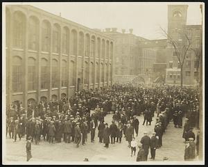 View of strikers outside of the plant of the Pacific lower mills in Lawrence today.
