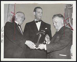 Tobin Receives “Torch of Hope” – Secretary of Labor Maurice Tobin receives “Torch of Hope” award from the National Labor Council at a testimonial dinner in New York. The award, which comes from the free, national non-sectarian medical center supported by the National Labor Council at Duarte, Calif., is being presented by William Green (left), president of the American Federation of Labor, and David Dubinsky (right), president of the International Ladies Garment Workers.