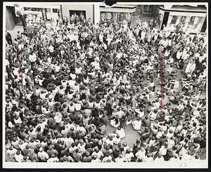 Brockton Student Protest in front of draft headquarters on Main street yesterday. Two-hour peaceful demonstration was by college and high school students of southeastern Massachusetts.