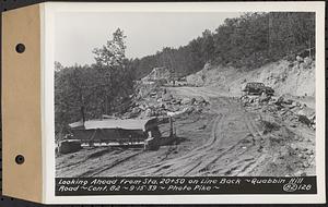 Contract No. 82, Constructing Quabbin Hill Road, Ware, looking ahead from Sta. 20+50 on line back, Ware, Mass., Sep. 15, 1939