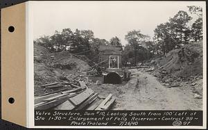 Contract No. 99, Enlargement of Fells High Level Distribution Reservoir, Stoneham, Malden, Melrose, valve structure, dam 10, looking south from 100 feet left of Sta. 1+30, enlargement of Fells Reservoir, Stoneham, Mass., Jul. 26, 1940