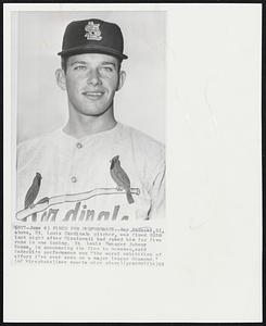 Fined for Performance-- Ray Sadecki, 21, above, St. Louis Cardinals pitcher, was fined $250 last night after Cincinnati had raked him for five runs in one inning. St. Louis Manager Johnny Keane, in announcing the fine to newsman, said Sadecki's performance was " the worst exhibition of effort I've ever seen on a major league diamond."