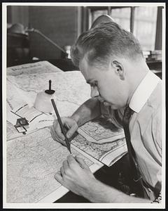 The Map Maker in a Changing World. Correcting an original drawing of Czechoslovakia for photo reproduction is this cartographer. The changes indicated on the correction copy are here applied so that the drawing will represent an exact copy for the new edition of the map.