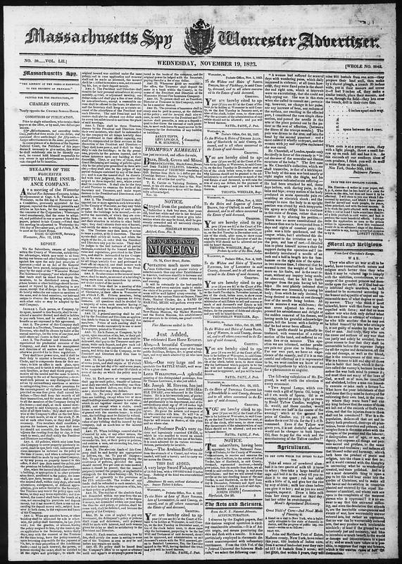 Massachusetts Spy And Worcester Advertiser. November 19, 1823 - Digital ...