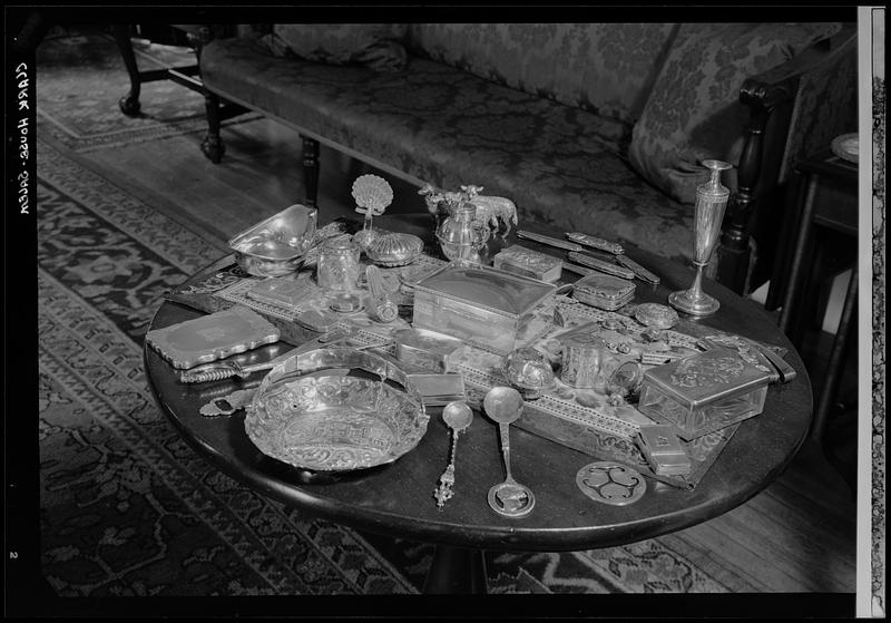 Clark House, Salem: interior, table full of small silver pieces