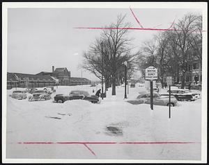 Slippery and Snowbound - Typical of the storm-caused traffic snarls was this mixup on the Strandway at L street near the bathhouse shown at left of photo.
