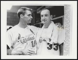 Busch Stadium: Happy Cards are Mike Shannon (L) and Barney Schultz after team beat Yanks here 10/7 in World Series opener, 9-5. Shannon drove in 2 runs, scored 3 & hit single & homer Schultz came into the game in 7th inning & pitched last 3 frames giving up only 1 run.