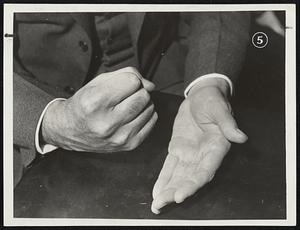 Hands in the New Deal. The largest, most decidedly masculine hands (above), in the New Deal are those of Postmaster General James A. Farley. His long straight fingers, strongly modelled hands and well manicured nails would be capable of making even a slap on the back enjoyable. Most of Farley's gestures are made with a clenched fist. He pounds the desk smartly, or strikes one palm with the other hand. Even when toing with a paperknife, he grips it around the blade with a fist in order to slap his knee.