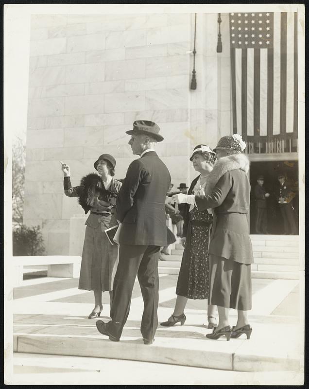 At Dedication of Folger Library. At the dedication of the Folger Shakespearean Library, established by the late Henry Clay Folger, at Washington. Left to right, Mrs. J. E. Moeling of Chicago, niece of Mrs. Woodrow Wilson; Secretary Charles Francis Adams; Mrs. Woodrow Wilson, widow of the President, and Mrs. Adams.