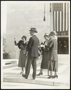 At Dedication of Folger Library. At the dedication of the Folger Shakespearean Library, established by the late Henry Clay Folger, at Washington. Left to right, Mrs. J. E. Moeling of Chicago, niece of Mrs. Woodrow Wilson; Secretary Charles Francis Adams; Mrs. Woodrow Wilson, widow of the President, and Mrs. Adams.