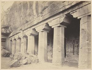General view from the right of porch and entrance to Buddhist Vihara, Cave IV, Ajanta Caves, India
