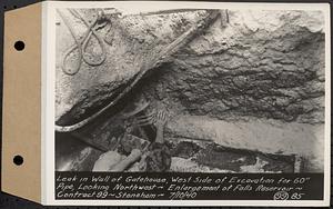 Contract No. 99, Enlargement of Fells High Level Distribution Reservoir, Stoneham, Malden, Melrose, leak in wall of gatehouse, west side of excavation for 60 inch pipe, looking northwest, enlargement of Fells Reservoir, Stoneham, Mass., Jul. 10, 1940