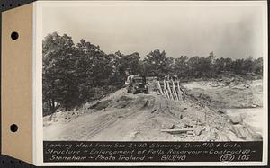 Contract No. 99, Enlargement of Fells High Level Distribution Reservoir, Stoneham, Malden, Melrose, looking west from Sta. 2+40 showing dam 10 and gate structure, enlargement of Fells Reservoir, Stoneham, Mass., Aug. 13, 1940