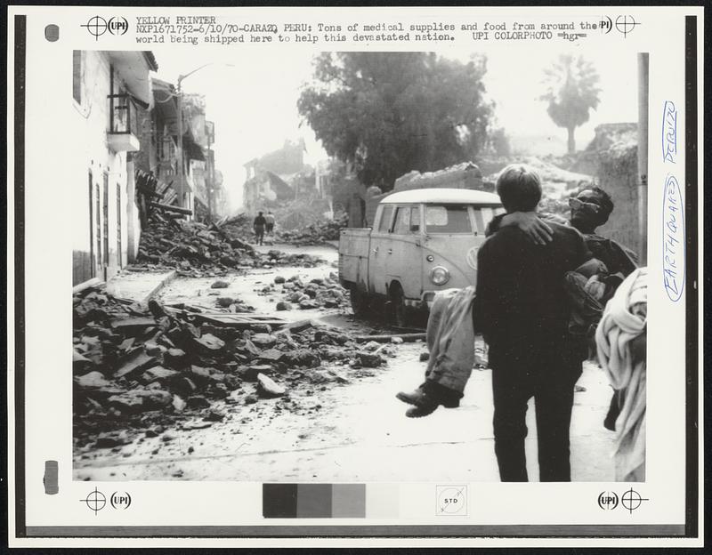 Carazo, Peru: Tons of medical supplies and food from around the world being shipped here to help this devastated nation. Earthquakes. Peru '70.