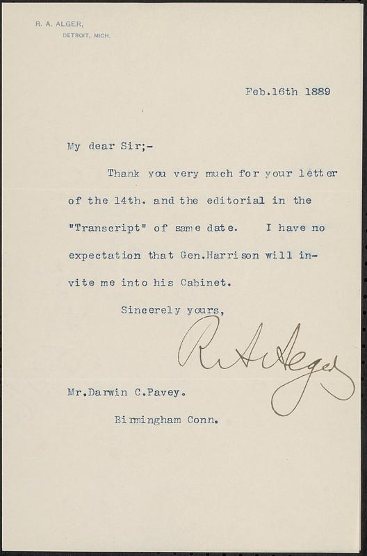 Letter from R.A. Alger, Detroit, Mich., to Darwin C. Pavey, Birmingham, Conn., 1889 February 2