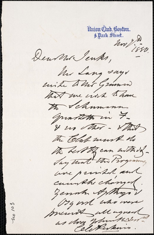 Letter from Charles C. Perkins to Francis H. Jenks, 1880 November 7