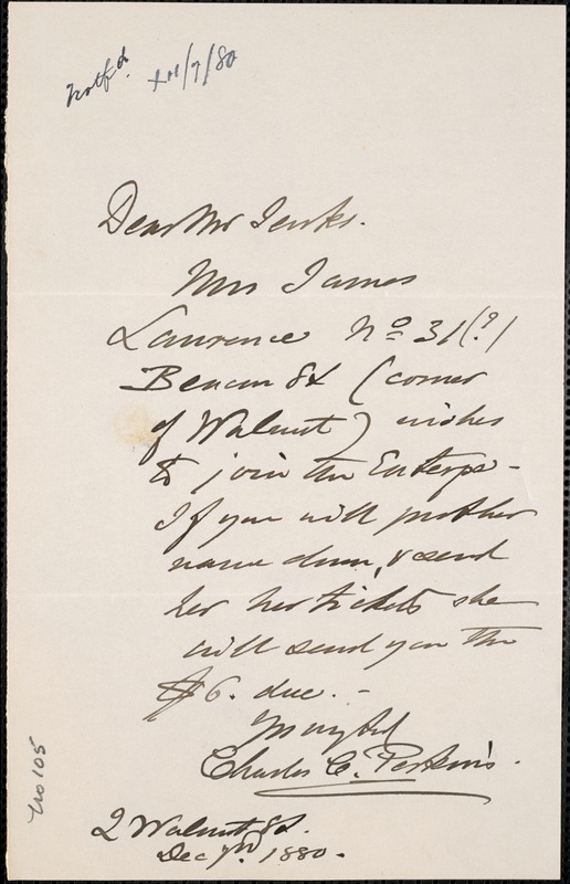 Letter from Charles C. Perkins to Francis H. Jenks, 1880 December 7