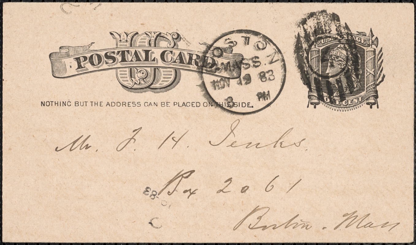 Postcard from Charles C. Perkins to Francis H. Jenks, 1883 November 19