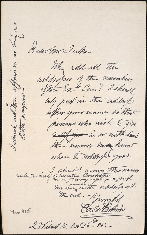 Letter from Charles C. Perkins to Francis H. Jenks, 1885 October 26