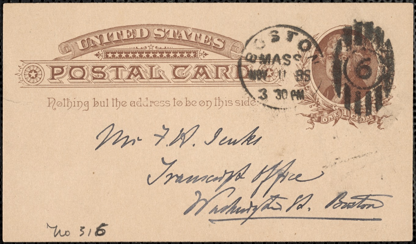 Postcard from Charles C. Perkins to Francis H. Jenks, 1888 November 11