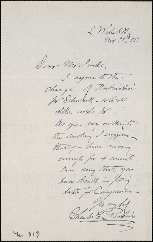 Letter from Charles C. Perkins to Francis H. Jenks, 1885 November 28