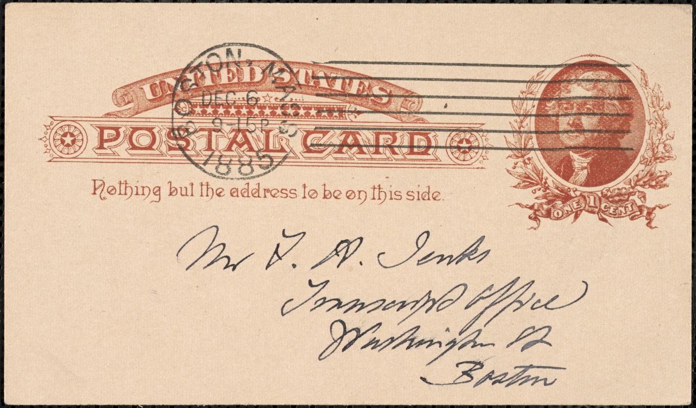 Postcard from Charles C. Perkins to Francis H. Jenks, 1885 December 5