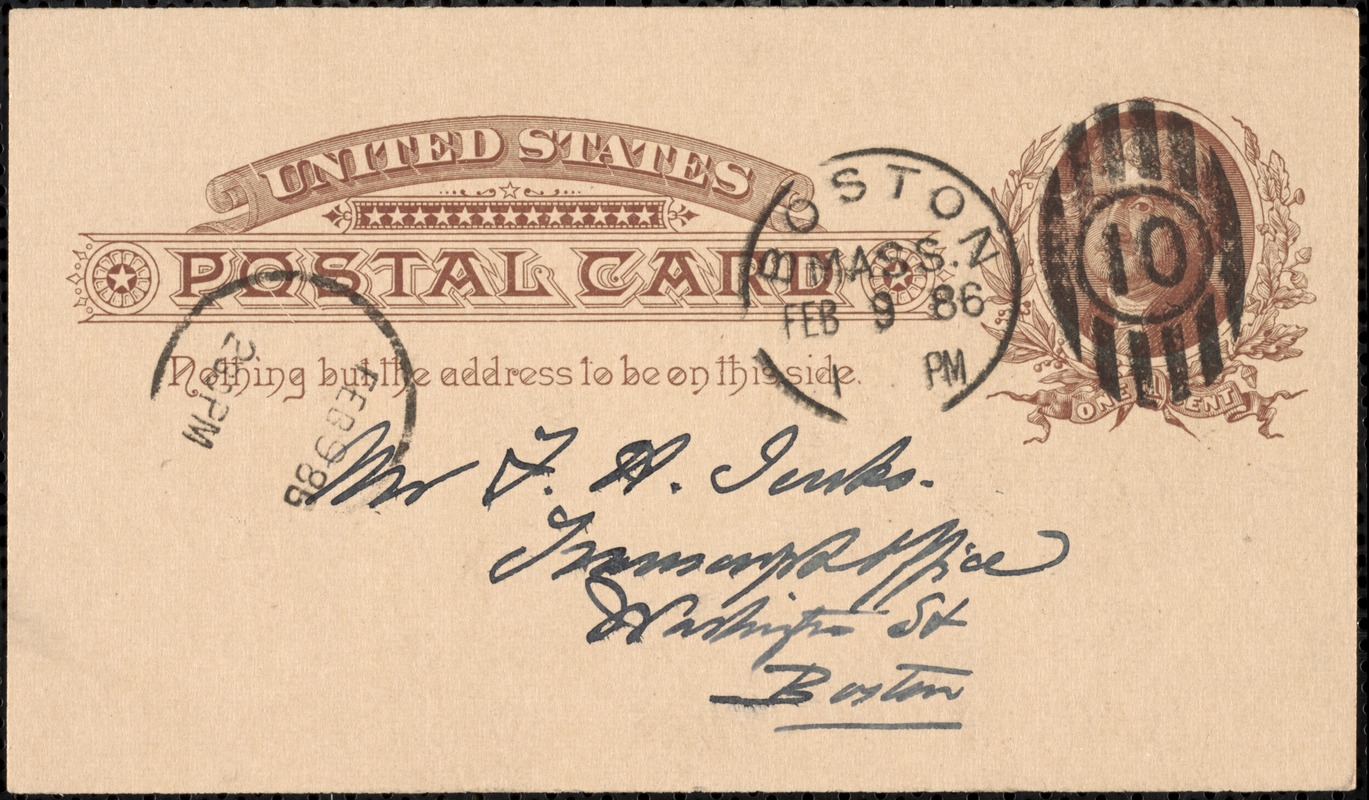 Postcard from Charles C. Perkins to Francis H. Jenks, 1886 February 8
