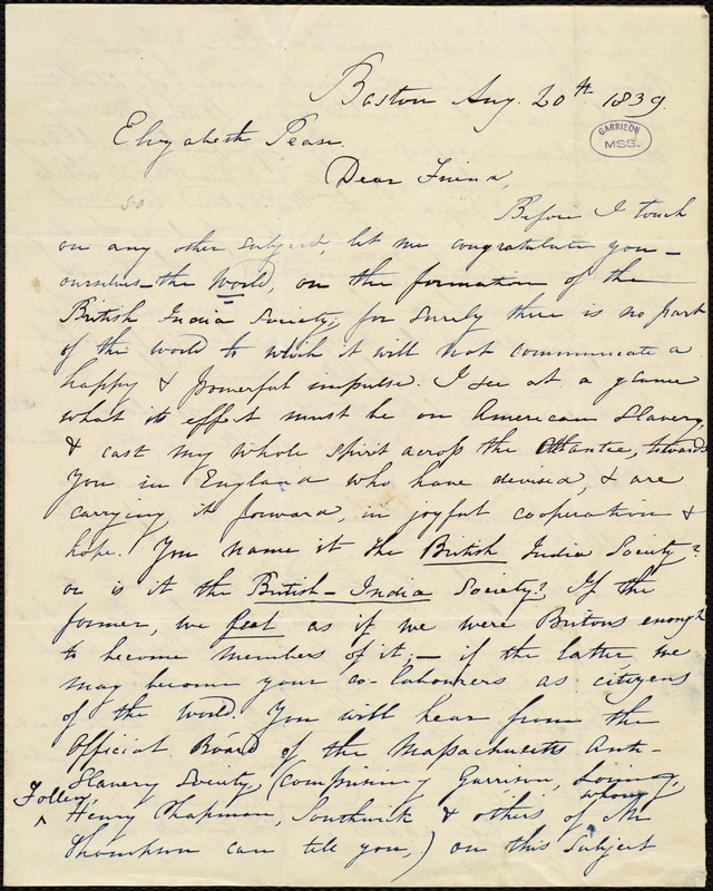 Letter From Maria Weston Chapman, Boston, [mass.], To Elizabeth Pease 