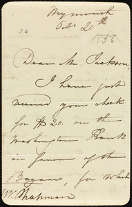 Letter from Maria Weston Chapman, Weymouth, [Mass.], to Francis Jackson, Oct. 20th, [1856]