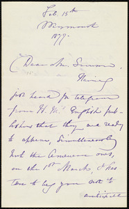 Letter from Maria Weston Chapman, Weymouth, [Mass.], to William Lloyd Garrison, Feb. 15th, 1877