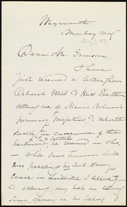 Letter from Maria Weston Chapman, Weymouth, [Mass.], to William Lloyd Garrison, Monday morn'g, [May 7, 1877]
