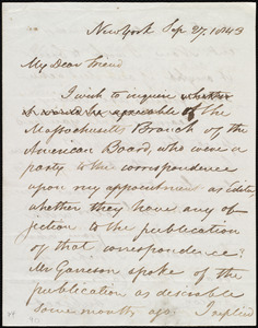 Letter from David Lee Child, New York, to Maria Weston Chapman, Sep. 27, 1843
