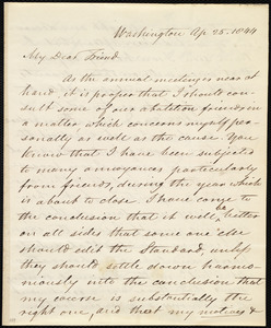 Letter from David Lee Child, Washington, to Maria Weston Chapman, Ap[ril] 25, 1844