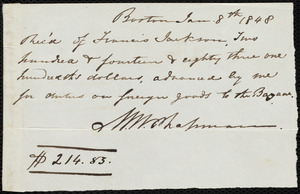Receipt from Maria Weston Chapman, Boston, [Mass.], to Francis Jackson, Jan. 8th, 1848