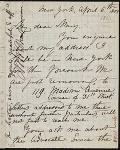 Letter from Maria Weston Chapman, New York, to Mary Anne Estlin, April 6th, 1863(?)