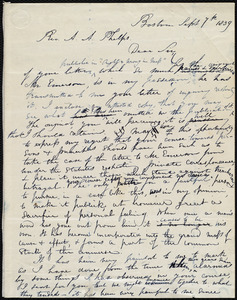 Rough draft of letter from Maria Weston Chapman, Boston, [Mass.], to Amos Augustus Phelps, Sept. 7th, 1839