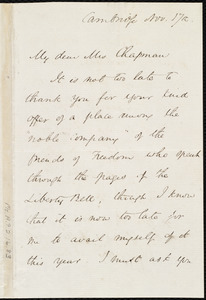 Letter from Samuel Longfellow, Cambridge, [Mass.], to Maria Weston Chapman, Nov. 17th