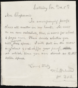Letter from W. L. Deland to Maria Weston Chapman, Saturday Eve[ning], Dec. 5th